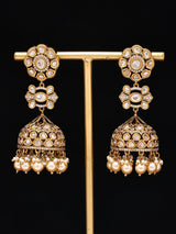 Kundan Floral Brass Earrings with Pearl Drop