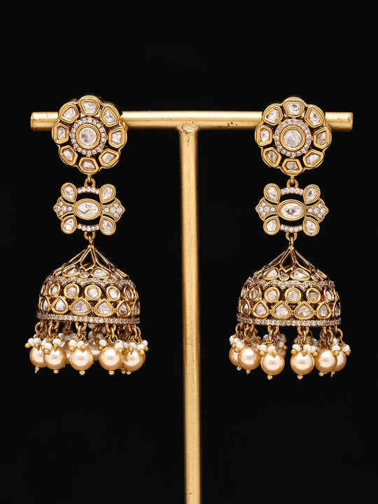 Kundan Floral Brass Earrings with Pearl Drop