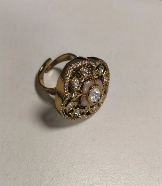 Kundan Green and White Stone Brass Ring