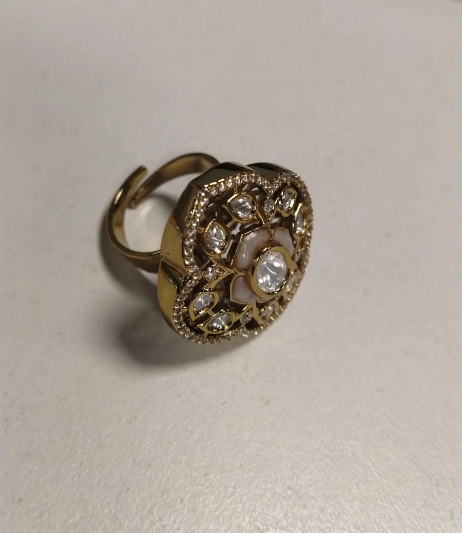 Kundan Green and White Stone Brass Ring