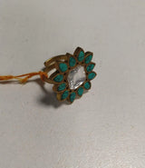 Turquoise and White Kundan Brass Ring