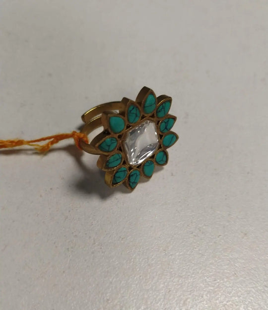 Turquoise and White Kundan Brass Ring