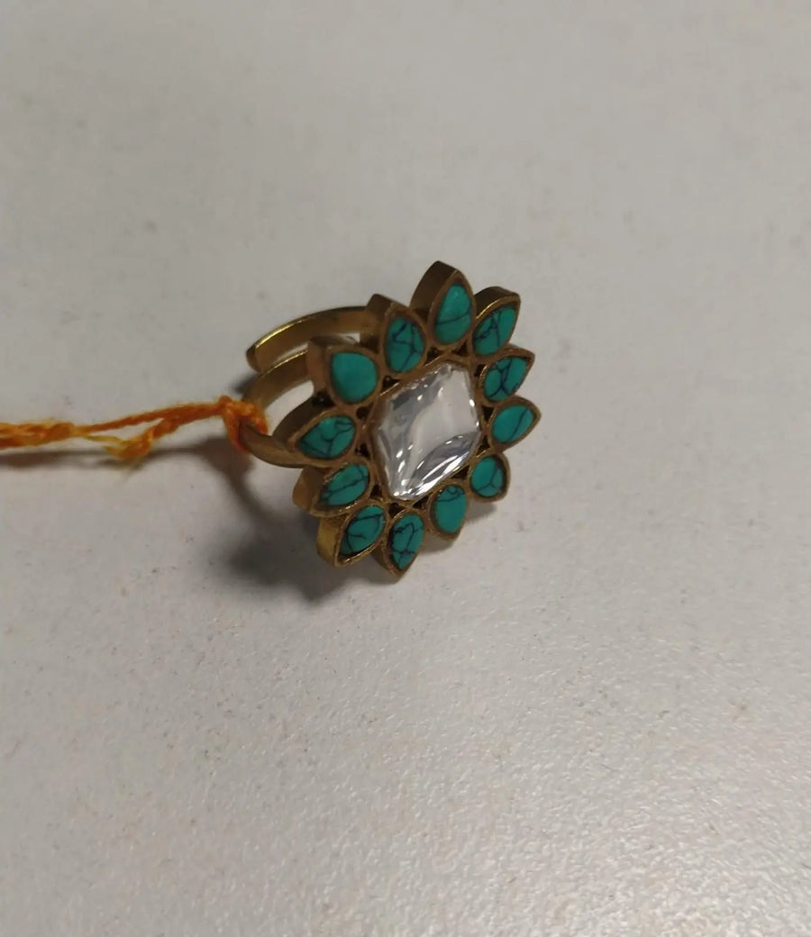 Turquoise and White Kundan Brass Ring