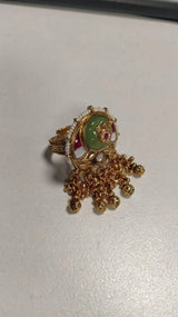 Kundan Brass Ring with Green and Pink Enamel Accents