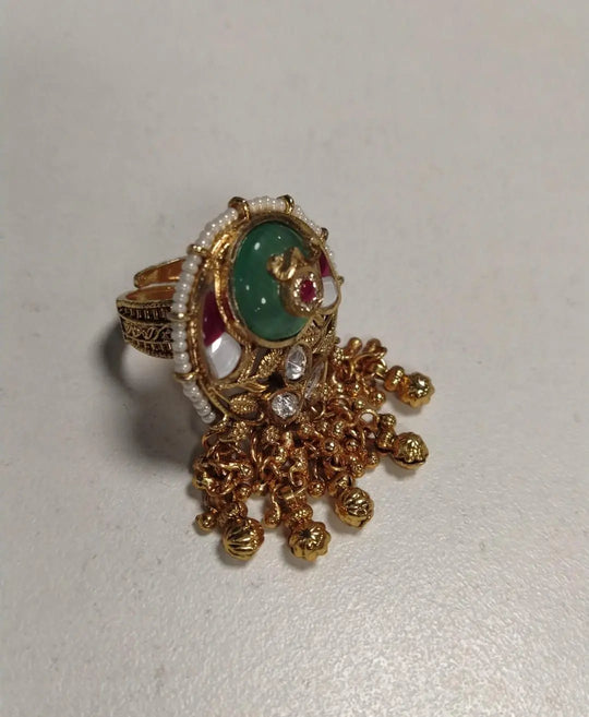 Kundan Brass Ring with Green and Pink Enamel Accents