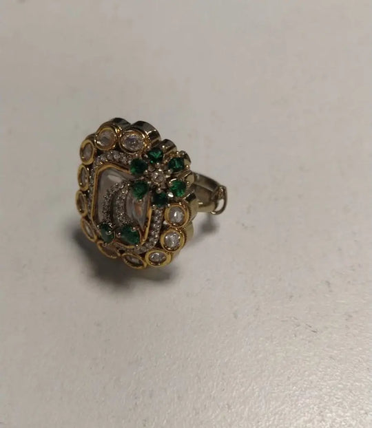 Kundan Green Stone Brass Ring