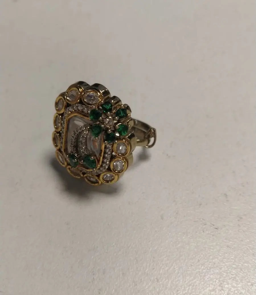 Kundan Green Stone Brass Ring