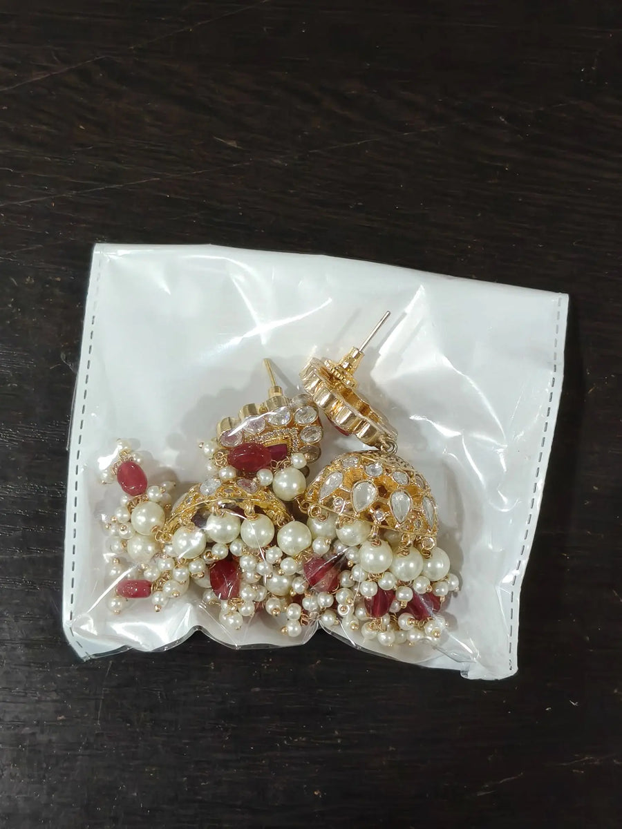 Red and White Stone Studded Brass Earrings