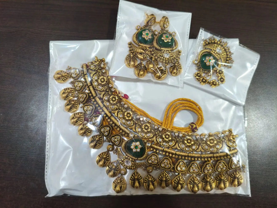 Antique Brass Necklace Set with Traditional Motifs