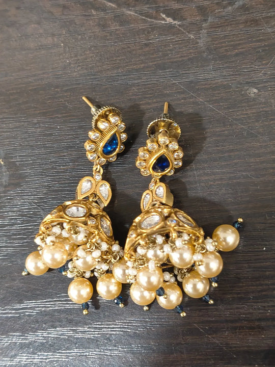 Kundan Brass Earrings in Deep Blue, Red and Sea Green