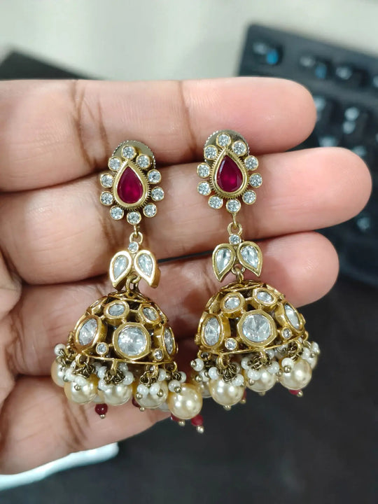 Kundan Brass Earrings in Deep Blue, Red and Sea Green