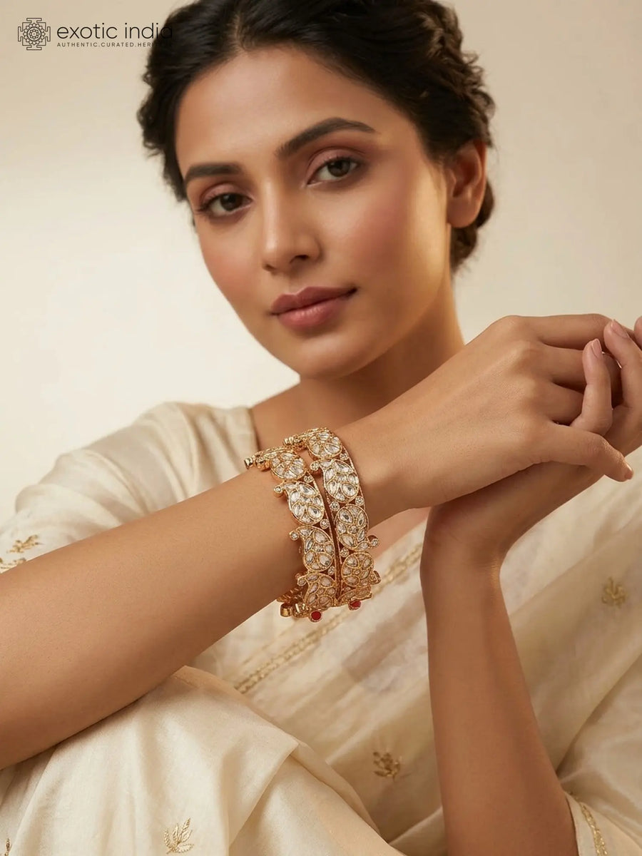 Polki Studded Paisley Brass Openable Bangles (Pair)
