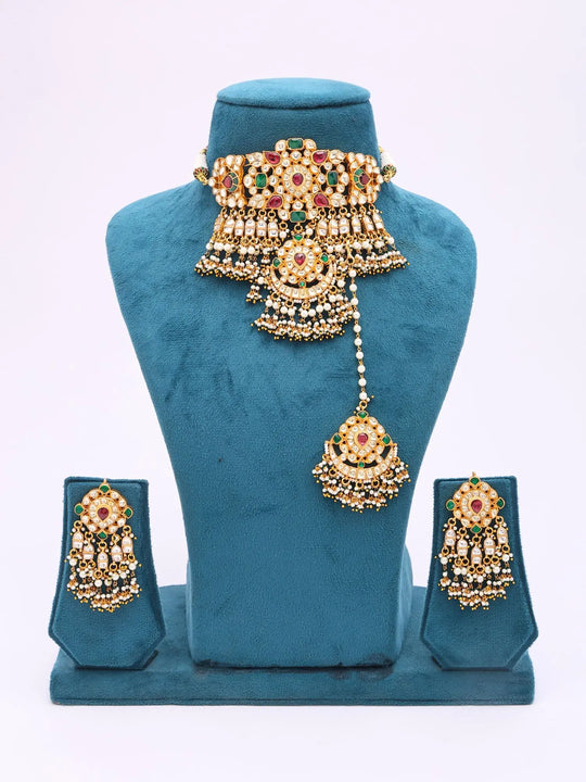 Kundan Choker Necklace Set with Maang Tikka and Bead Drops