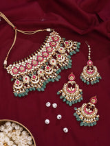 Kundan and Green Beaded Necklace Set with Maang Tikka
