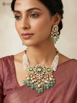 Floral Kundan Necklace and Earrings Set with Green Bead Drops