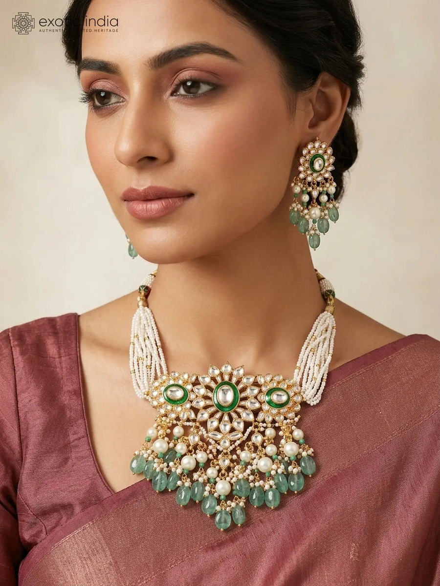 Floral Kundan Necklace and Earrings Set with Green Bead Drops