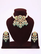 Floral Kundan Necklace and Earrings Set with Green Bead Drops