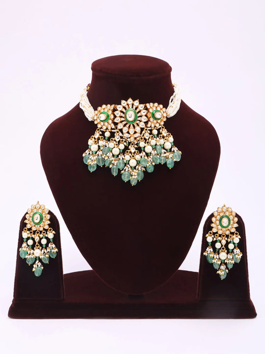 Floral Kundan Necklace and Earrings Set with Green Bead Drops