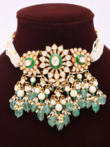 Floral Kundan Necklace and Earrings Set with Green Bead Drops