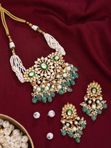 Floral Kundan Necklace and Earrings Set with Green Bead Drops