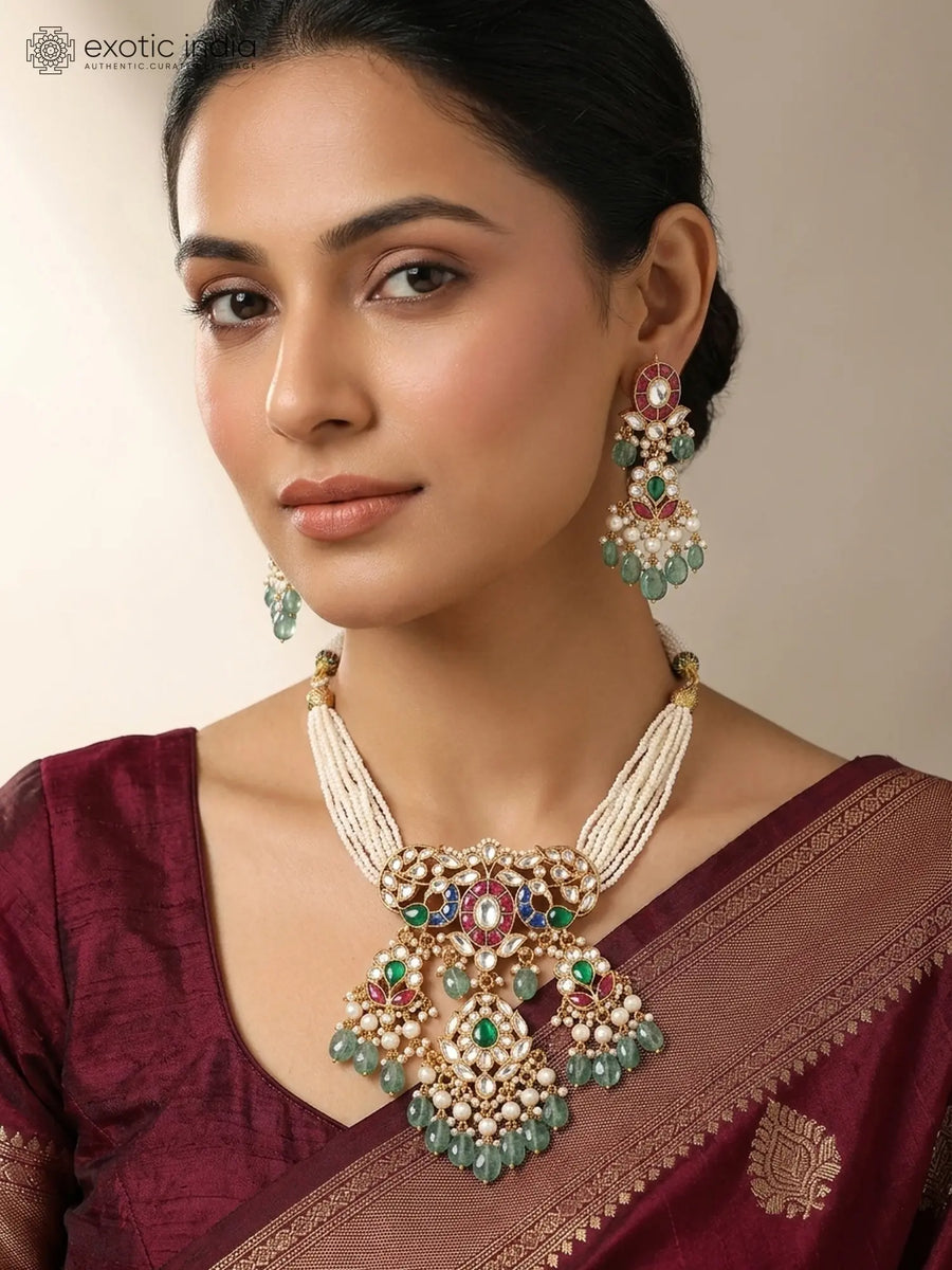 Peacock Polki Brass Choker and Earrings Set in Maroon