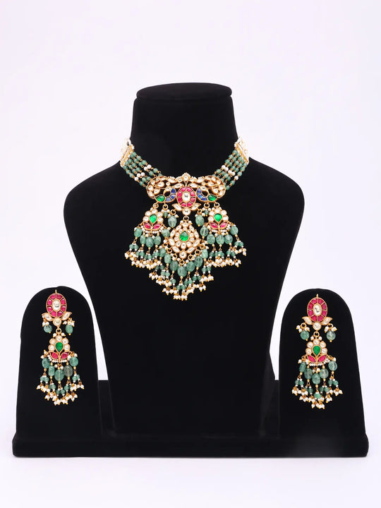 Peacock Polki Brass Choker and Earrings Set in Maroon