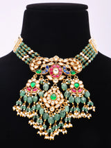 Peacock Polki Brass Choker and Earrings Set in Maroon
