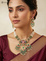 Peacock Polki Brass Choker and Earrings Set in Maroon