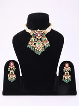 Peacock Polki Brass Choker and Earrings Set in Maroon