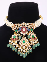 Peacock Polki Brass Choker and Earrings Set in Maroon