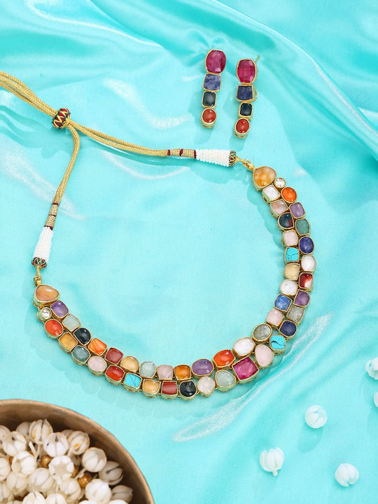 Multicolour Stone Studded Brass Necklace and Earrings Set