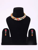 Multicolour Stone Studded Brass Necklace and Earrings Set