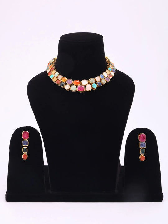 Multicolour Stone Studded Brass Necklace and Earrings Set