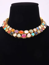 Multicolour Stone Studded Brass Necklace and Earrings Set