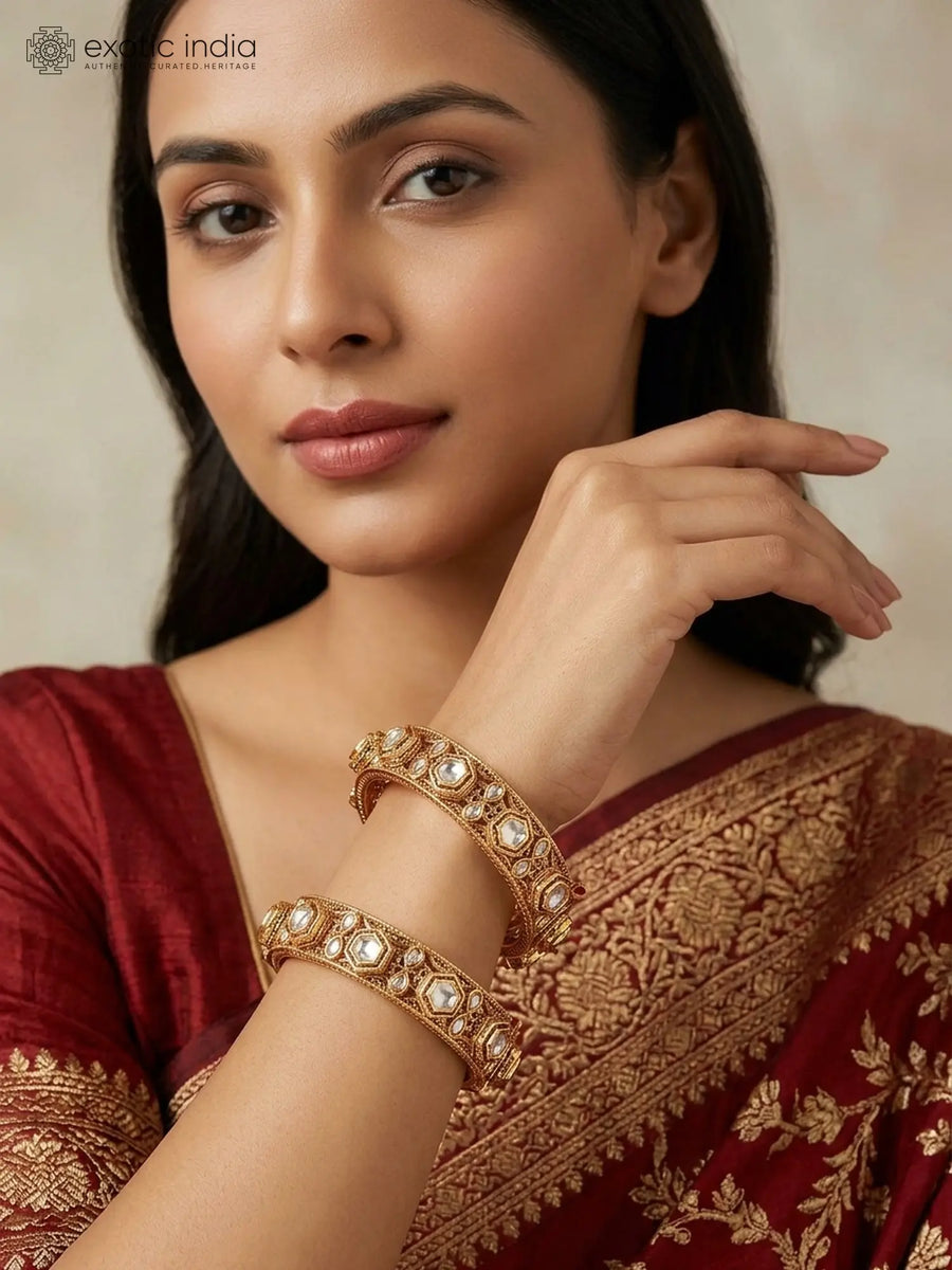 Geometric Polki Stone Brass Openable Bangles