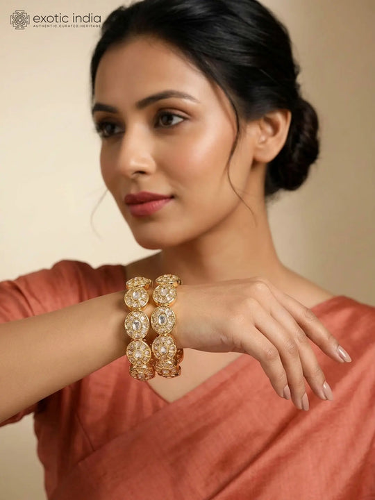 Polki Studded Openable Brass Bangles in Golden Rose Gold (Pair)