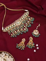 Polki Studded Brass Choker, Earrings and Maang Tikka Set