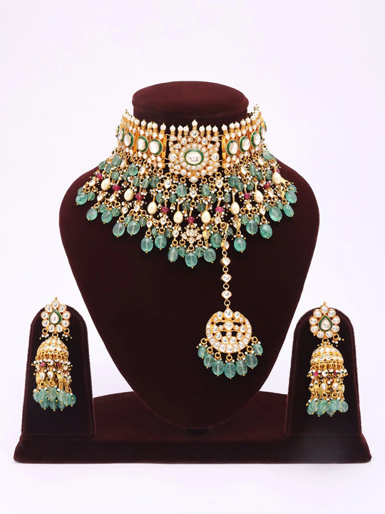 Polki Studded Brass Choker, Earrings and Maang Tikka Set