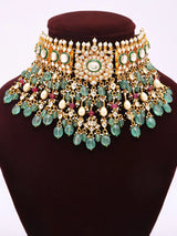 Polki Studded Brass Choker, Earrings and Maang Tikka Set
