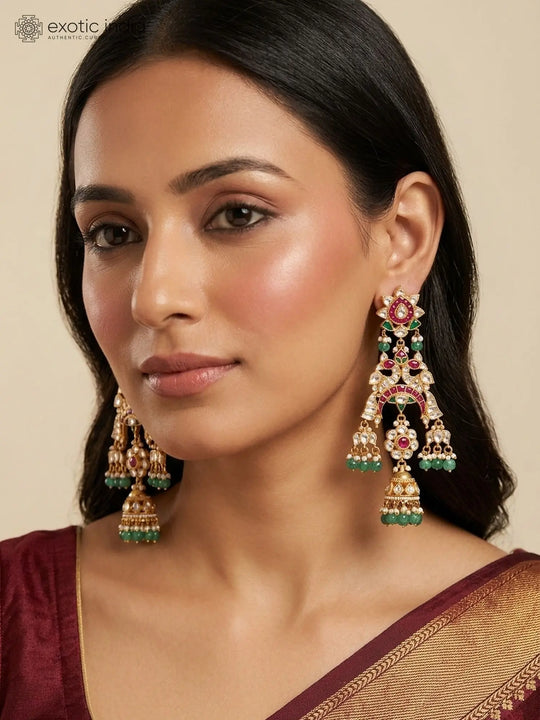 Floral Crescent Kundan Earrings with Green Bead Drops