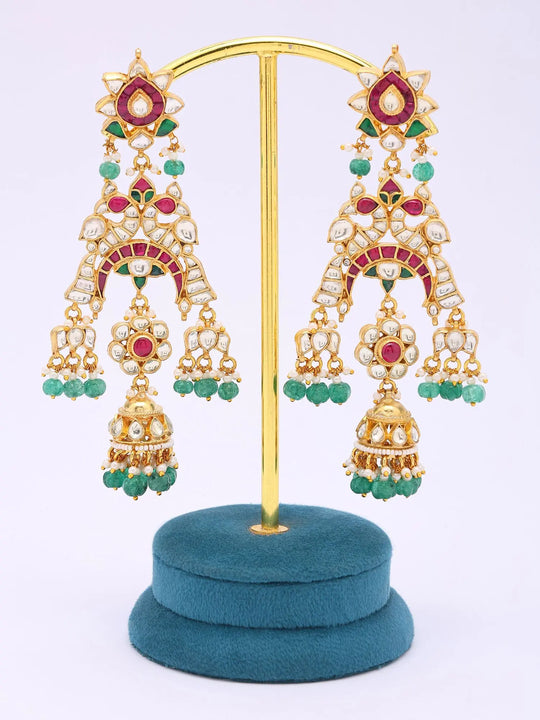 Floral Crescent Kundan Earrings with Green Bead Drops