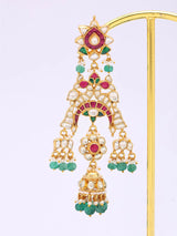 Floral Crescent Kundan Earrings with Green Bead Drops