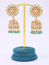 Floral Kundan Jhumka Earrings with Bead Drops in Brass