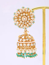 Floral Kundan Jhumka Earrings with Bead Drops in Brass