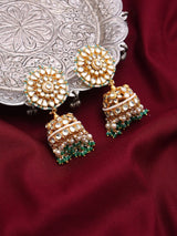 Floral Kundan Jhumka Earrings with Bead Drops in Brass