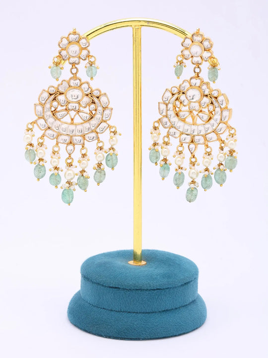 Kundan and Pearl Drop Chandelier Earrings in Brass
