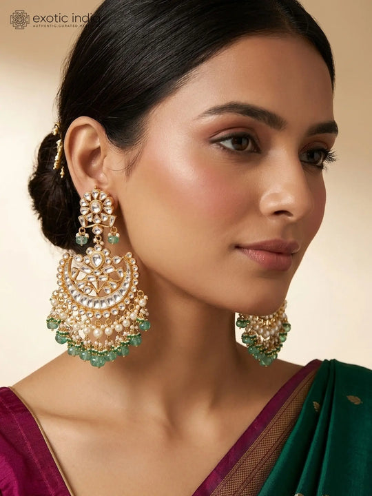Floral Crescent Kundan Chandelier Earrings with Green Bead Drops