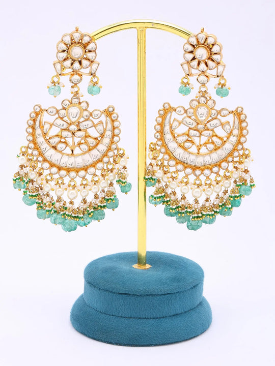 Floral Crescent Kundan Chandelier Earrings with Green Bead Drops
