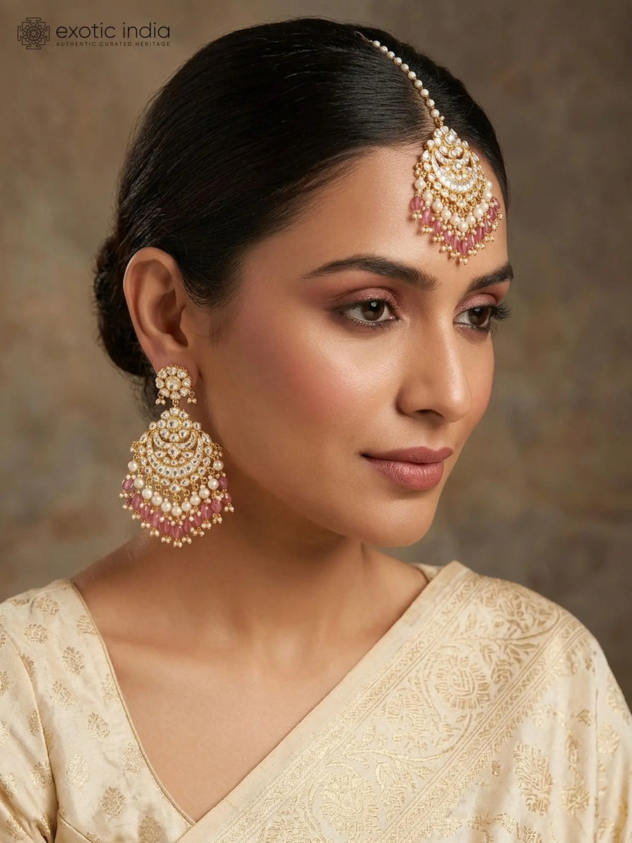 Kundan Chandelier Earrings and Maang Tikka Set in Brass