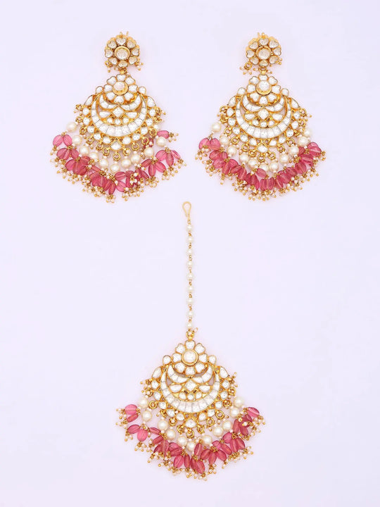 Kundan Chandelier Earrings and Maang Tikka Set in Brass